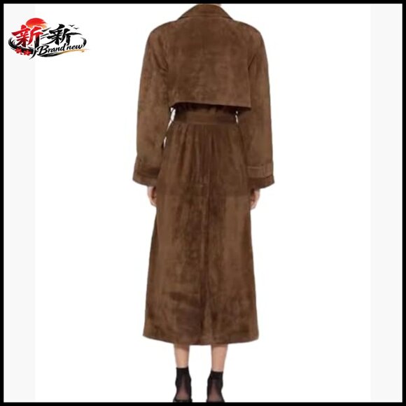 Faux Suede Long Trench Coat Notched Lapel Double Breasted Pea Coat - Picture 2 of 6